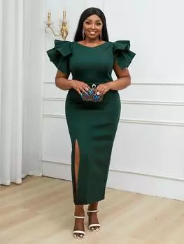 AOMEI стильные длинные вечерние платья для женщин темно-зеленые с короткими рукавами с рюшами и разрезом облегающее платье-футляр для празднования свидания, клубные платья, новинка