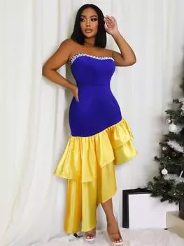 AOMEI топы-трубы, платья для женщин, желто-синие лоскутные оборки, асимметричные вечерние платья миди для дня рождения, ужина знаменитостей S синий