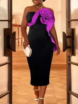 AOMEI топы-трубы платья для женщин черные сексуальные облегающие платья вечерняя вечеринка пакет бедра Femme случай коктейльные платья большого размера с цветком розы 3XL фиолетовый