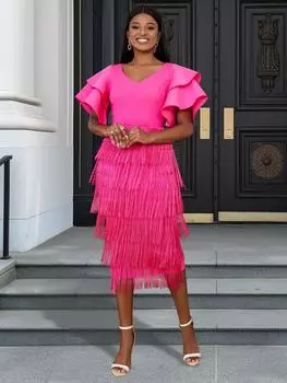 AOMEI V-образным вырезом с бахромой и кисточками платья с оборками на рукавах облегающее платье для выпускного вечера с бахромой для женщин S ярко-розовый