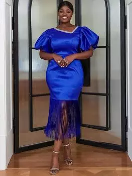 AOMEI Вечерние платья для женщин, блестящие короткие рукава-фонарики, косой воротник, облегающий пакет, бедра с кисточками, новинка для празднования события