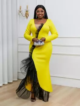 AOMEI вечернее платье больших размеров для пышных женщин, желтое платье с длинными рукавами и v-образным вырезом, тюлевое лоскутное платье длиной до щиколотки, платья для дня рождения S жёлтый