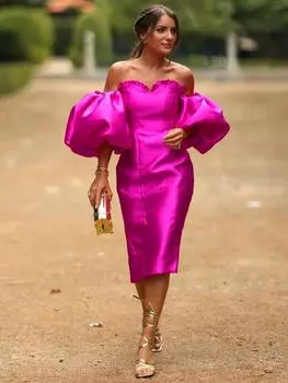 AOMEI вечерние платья с открытой спиной для женщин, сексуальные с открытыми плечами и пышными рукавами, блестящие без бретелек длиной до колена, вечерние коктейльные платья для свадебных гостей 1XL ярко-розовый