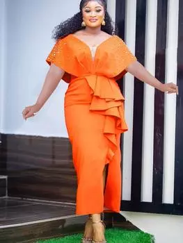 AOMEI вечерние платья с v-образным вырезом оранжевые без рукавов с бисером и высокой талией с разрезом и оборками вечерние платья для выпускного вечера для женщин больших размеров