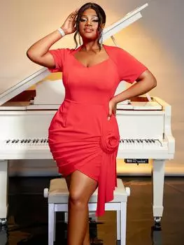 AOMEI вечерние платья с v-образным вырезом, короткие рукава и высокая талия, красные коктейльные вечерние наряды с цветочным принтом 1XL красный