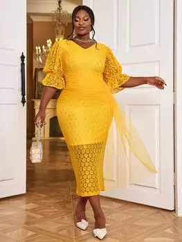 AOMEI желтое кружевное платье с V-образным вырезом и рукавами-фонариками, высокая талия, цветочный пакет, бедра, наряды для вечеринки по случаю дня рождения для женщин S жёлтый