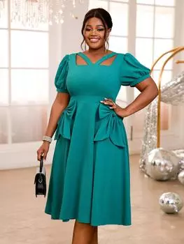 AOMEI Зеленое бальное платье для женщин, с коротким рукавом и вырезом, с высокой талией и галстуком-бабочкой, вечерние наряды, большие размеры
