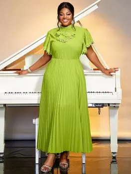 AOMEI Зеленые элегантные плиссированные платья-миди с коротким рукавом и высокой талией, длинные платья для выпускного вечера для женщин S зелёный
