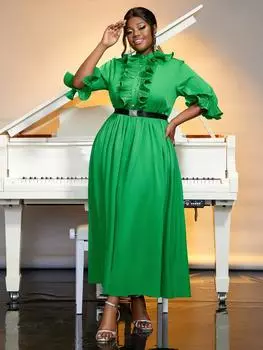 AOMEI зеленые длинные платья на пуговицах с половиной рукавов и оборками с высокой талией плюс размер трапециевидное платье для женщин M зелёный