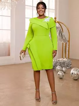 AOMEI зеленые облегающие платья с круглым вырезом и длинным рукавом, высокая талия, объемные вечерние платья для женщин S зелёный