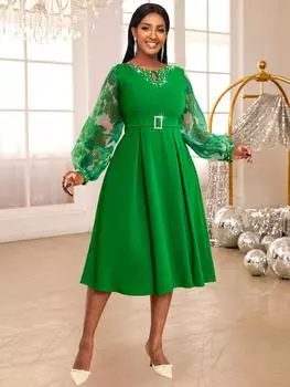 AOMEI зеленое платье А-силуэта с круглым вырезом, отделкой бисером, длинными рукавами-фонариками, высокой талией, вечернее платье миди для женщин S зелёный