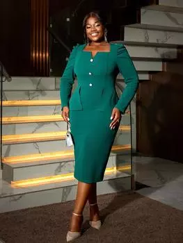 AOMEI зеленые платья миди с квадратным воротником, длинным рукавом, высокой талией, комплектом на бедрах, рабочее вечернее платье для женщин S зелёный