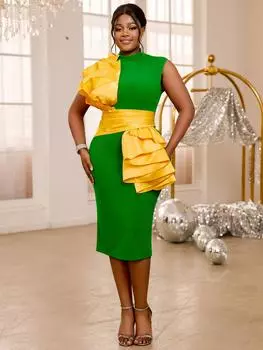 AOMEI зеленые платья миди с воротником-стойкой без рукавов с высокой талией желтые оборки платья для дня рождения для женщин S зелёный