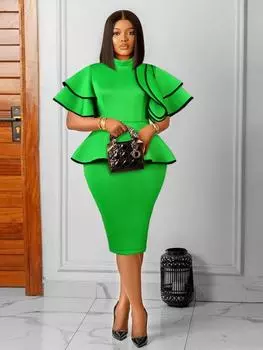AOMEI зеленые платья с баской для женщин, вечерние платья в стиле ампир с высоким воротом, элегантные женские рабочие вечерние наряды