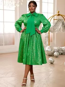 AOMEI Зеленые повседневные платья миди с воротником-стойкой и длинными рукавами-фонариками, блестящие платья А-силуэта с высокой резинкой на талии для женщин S зелёный
