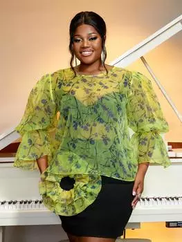 AOMEI Зеленые прозрачные топы с длинными расклешенными рукавами и прозрачным принтом, повседневные женские блузки для вечерних мероприятий