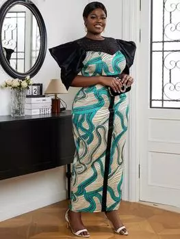 AOMEI зеленые вечерние платья с принтом для женщин с круглым вырезом, кружевные лоскутные платья с накидкой и рукавами, цветочные империи, тонкие женские вечерние платья 2XL зелёный