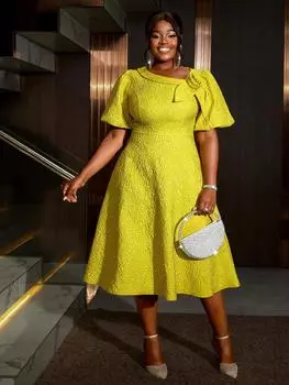 AOMEI жаккардовые платья миди А-силуэта с неровным вырезом и 3D-цветком для женщин с рукавами-фонариками, вечерние платья для мероприятий S жёлтый