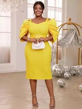 AOMEI желтое кружевное платье миди для женщин с открытыми плечами и коротким рукавом, вечерние платья на день рождения S жёлтый