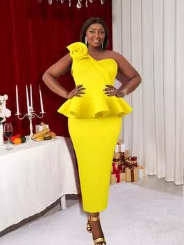 AOMEI желтые длинные платья для женщин на одно плечо с цветочным принтом в стиле ампир с баской вечерние коктейльные платья для дня рождения