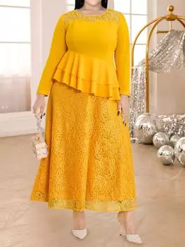 AOMEI желтые кружевные платья А-силуэта для женщин, элегантные длинные рукава, оборки, высокая талия, длина до щиколотки S жёлтый