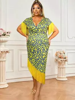 AOMEI Желтые платья с бахромой и подолом с v-образным вырезом и короткими рукавами, облегающие вечерние платья с принтом и кисточками нерегулярной формы 1XL жёлтый