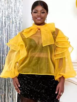 AOMEI Желтые прозрачные топы с бантом и оборками с длинным рукавом-фонариком, сексуальный прозрачный пуловер, женские рубашки, блузки для женщин, вечерняя коктейльная вечеринка