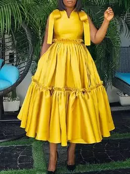 AOMEI желтые вечерние платья без рукавов с бантом и высокой талией, трапециевидные платья миди, наряды для женщин 4XL жёлтый