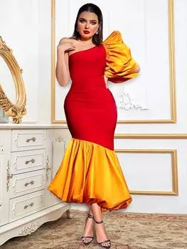 AOMEI женские красные вечерние платья на одно плечо с рукавом-фонариком облегающие элегантные женские вечерние платья миди с подолом большого размера