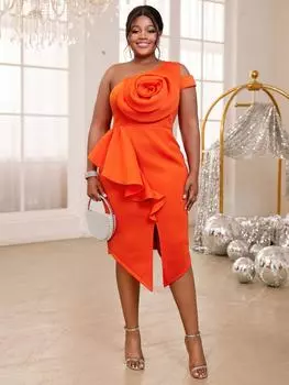 AOMEI одно плечо женские вечерние платья оранжевые без рукавов цветочные аппликации оборки разрез миди коктейльные платья S оранжевый