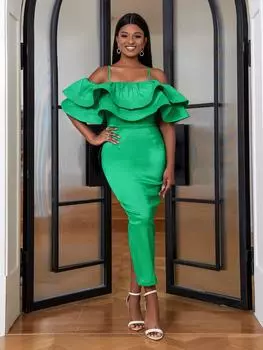 AOMEI женское праздничное платье с оборками облегающее платье на тонких бретельках на день рождения даже платья с открытыми плечами 2XL зелёный