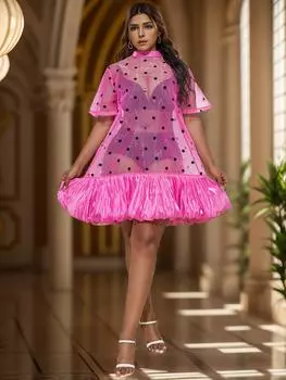 AOMEI женское прозрачное платье цвета фуксии в черный горошек с коротким рукавом, прозрачное лоскутное мини-вечернее платье с оборками 1XL ярко-розовый