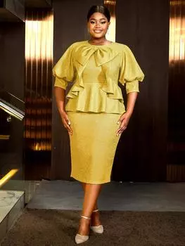 AOMEI Золотые блестящие платья миди с круглым вырезом, короткими рукавами-фонариками, оборками, высокой талией, баской, коктейльное платье для женщин 1XL золотой