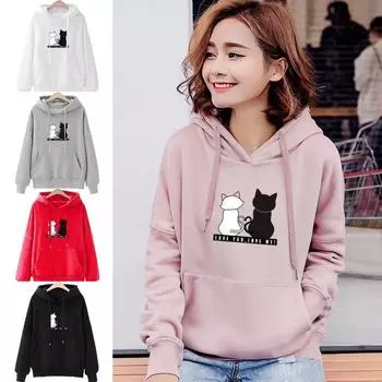 Aominuo Perfect DLЖенские толстовки с капюшоном, повседневная толстовка, зимние женские мешковатые джемперы с котом, пуловеры, топы S красный