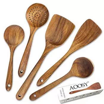 AOOSY kitchen tool made of natural acacia no glue dug from block rice soup cooking box included 5-piece set, wood, wood, scoop, spatula, turner,