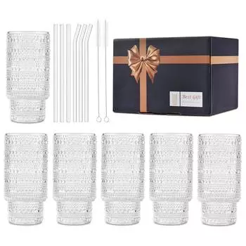 Aoresac Набор из 6 прозрачных стаканов для питья с бусинами и гвоздями /(11 унций)Набор старинной стеклянной посуды/Бокал для коктейля