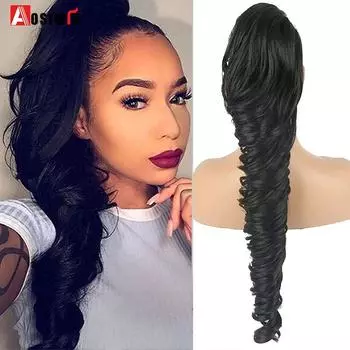 AOSI Длинный вьющийся хвостик для наращивания женщин Поддельный хвостик Синтетический зажим для наращивания волос Натуральный черный хвостик на шнурке для чернокожих женщин