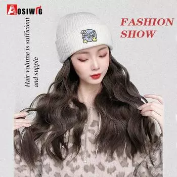 AOSI вязаная шапка парик длинные прямые/волнистые волосы синтетический парик женский натуральный черный хлопок зимняя шапка парик