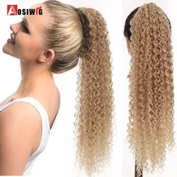Aosiwig Длинный хвостик с волнистой волной, наращивание хвоста 80 см, синтетический зажим на шнурке в хвостике, черный, коричневый, цвет омбре
