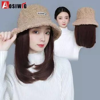 Aosiwig Длинный волнистый парик для женщин Синтетические волосы Вьющиеся зимние шапки Парик Универсальный парик со шляпой