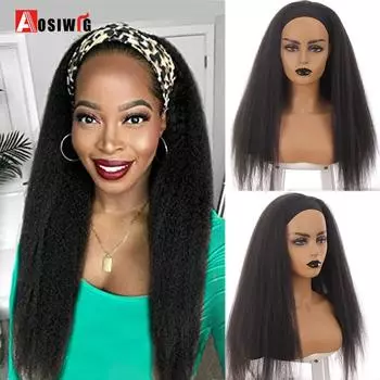 Aosiwig Kinky Прямой парик с повязкой на голову для чернокожих женщин Длинный прямой парик Синтетические шелковистые прямые парики из волос Легко носить для повседневного стиля