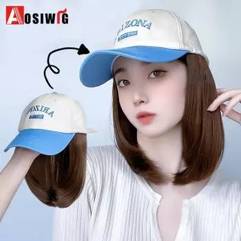 Aosiwig Короткие синтетические парики для бейсболки, натуральные черные/коричневые прямые парики, парик с естественной шапкой, регулируемый для девочек