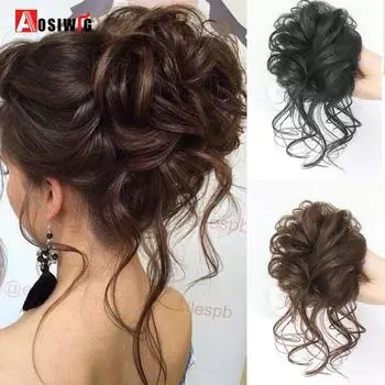 Aosiwig Резинки для волос Синтетический шиньон Месси Эластичный шиньон Поддельные резиновые зажимы для наращивания Булочка Резинки для хвоста Женские натуральные вьющиеся