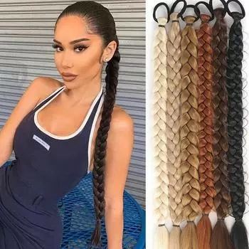 Aosiwig синтетическая длинная коса, наращивание хвостов, 24 дюйма, эластичная резинка, хвост для женщин, искусственный накладной шиньон