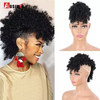 Aosiwig Синтетические афро-кудрявые вьющиеся шиньоны на заколке для наращивания волос Высокий пышный афро-натуральный хвост с челкой