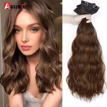 Aosiwig синтетические черные коричневые длинные волнистые заколки для наращивания волос для женщин накладные натуральные волосы