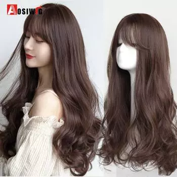 Aosiwig Синтетические волосы Длинные волнистые черные парики с челкой для чернокожих женщин Темно-коричневые объемные волны Косплей Натуральные термостойкие волосы