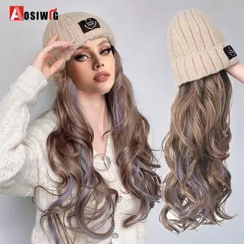 Aosiwig Синтетические волосы Длинные волны Парик Женская вязаная шапка Ежедневное использование Льняная белая шапка 2022 Весна и зима Новая мода для женщин