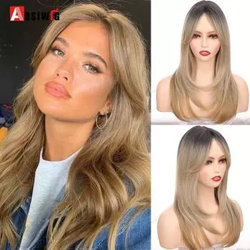 Aosiwig синтетический длинный прямой парик с челкой средней части Ombre Blonde Dark Root для белых черных женщин термостойкий