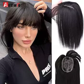 Aosiwig Women Clip In Hair Extensions 3 Clips In Topper Синтетические волосы с челкой Поддельный шиньон